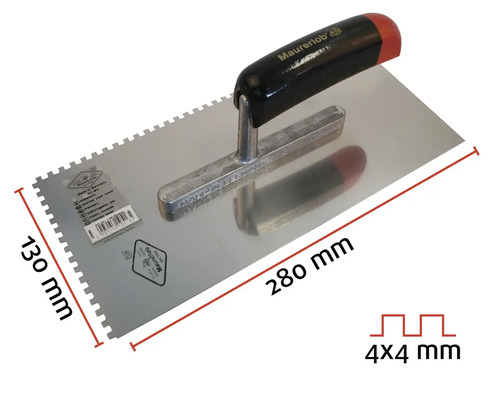 Zahnspachtel mit den Maßen 280 mal 130 Millimeter und einer Zahnung von 4 mal 4 Millimeter.