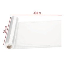 Rolle mit transparenter Stretchfolie, 50 Zentimeter breit und 300 Meter lang, zur Ladungssicherung.