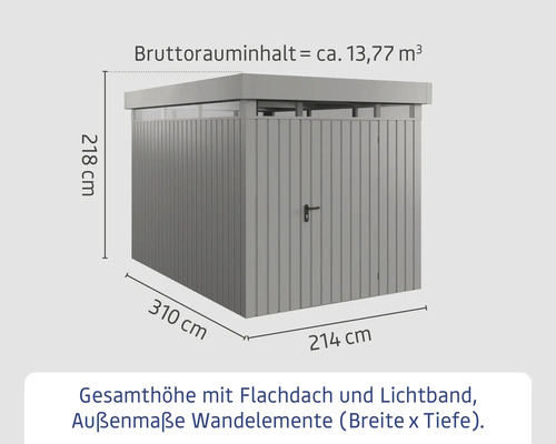 Gerätehaus mit Flachdach und Lichtband, Außenmaße 310 x 214 x 218 cm
