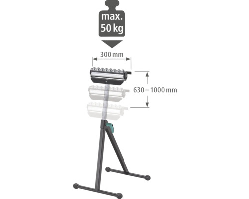 Materialständer mit maximaler Belastbarkeit von 50 Kilogramm, 300 Millimeter Rollenbreite und 630 bis 1000 Millimeter Höhe
