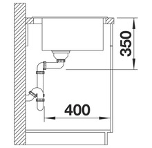 Technische Zeichnung einer Spüle mit Abfluss und Maßangaben