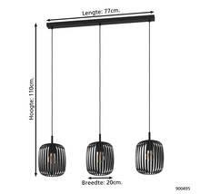 Schwarze Hängelampe mit drei Leuchten, 77 cm breit und 110 cm hoch