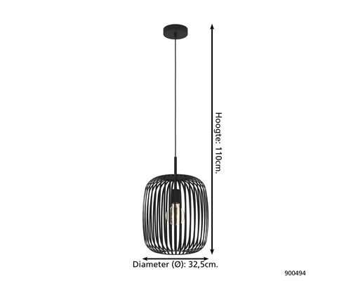 Pendelleuchte mit einem Durchmesser von 32,5 cm und einer Höhe von 110 cm.