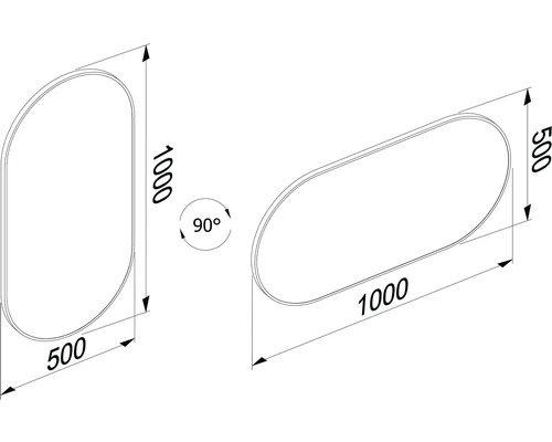 Technische Zeichnung eines Badspiegels mit den Maßen 1000 x 500 mm.