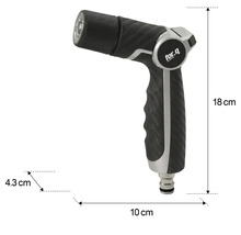 Gartenspritze mit Abmessungen: 18 cm Höhe, 10 cm Länge und 4,3 cm Breite