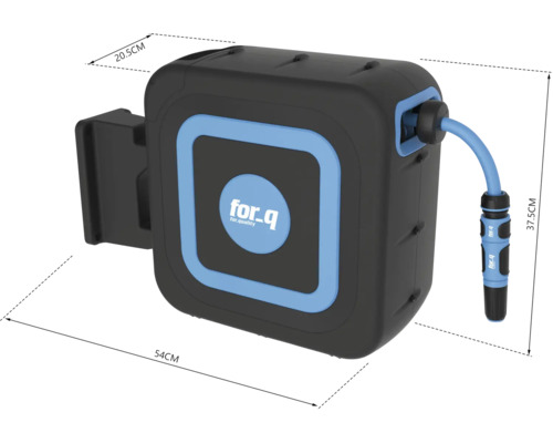 Aufroller mit Gartenschlauch und Größenangaben