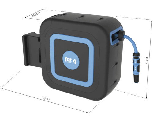 Aufroller für Gartenschlauch mit Schlauchanschluss und den Maßen 62 x 23,5 x 45 cm.