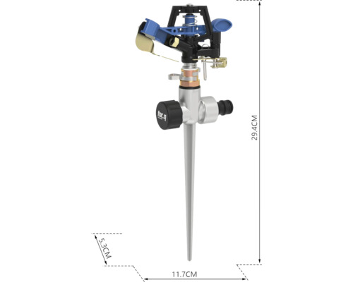 Gartensprenger mit Erdspieß und Angaben zur Größe