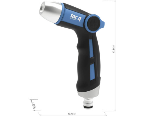 Gartenspritze aus Kunststoff mit for_q Logo und Maßangaben