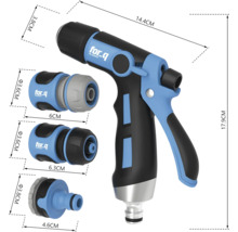 For Q Logo Gartenspritze mit Anschlussstücken und Maßangaben