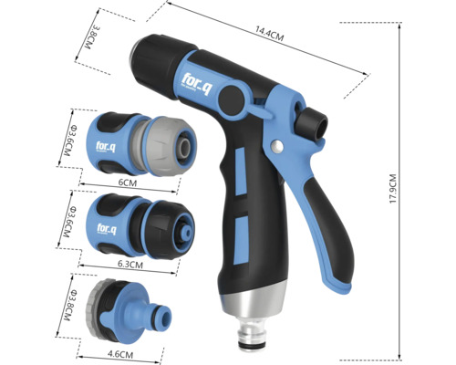 For Q Logo Gartenspritze mit Anschlussstücken und Maßangaben