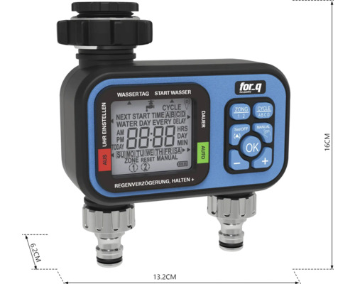 Bewässerungscomputer mit digitaler Anzeige und verschiedenen Einstellungsoptionen zur Gartenbewässerung