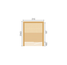 Technische Zeichnung eines Holzelements mit den Maßen 210, 254,5, 197 und 400.