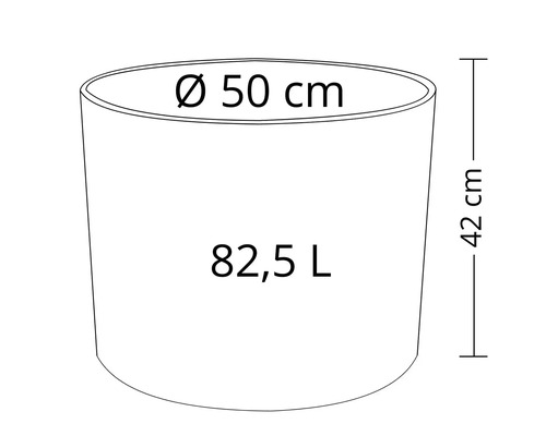 Abbildung eines Pflanzgefäßes mit den Maßen 50 Zentimeter Durchmesser, 42 Zentimeter Höhe und einem Volumen von 82,5 Litern.