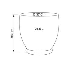 Skizze eines Pflanzgefäßes mit den Maßen Durchmesser 37 Zentimeter, Höhe 36 Zentimeter und Volumen 21,5 Liter.