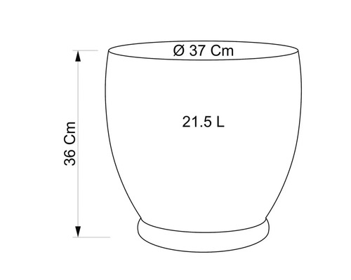 Skizze eines Pflanzgefäßes mit den Maßen Durchmesser 37 Zentimeter, Höhe 36 Zentimeter und Volumen 21,5 Liter.