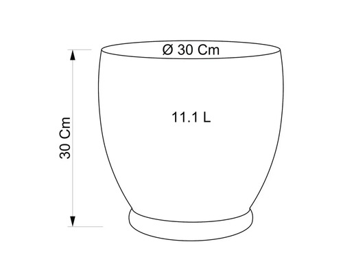 Technische Zeichnung eines Pflanzgefäßes mit den Maßen 30 cm Durchmesser und 30 cm Höhe, Füllmenge 11,1 Liter