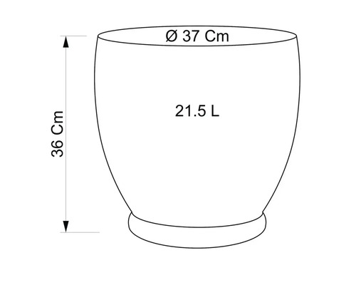 Skizze eines Pflanzgefäßes mit den Maßen 36 cm Höhe, 37 cm Durchmesser und 21,5 Liter Fassungsvermögen.
