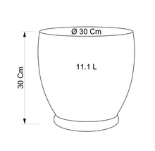 Skizze eines Pflanzgefäßes mit den Maßen 30 cm Höhe, 30 cm Durchmesser und 11,1 Liter Fassungsvermögen