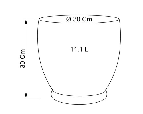 Skizze eines Pflanzgefäßes mit den Maßen 30 cm Höhe, 30 cm Durchmesser und 11,1 Liter Fassungsvermögen