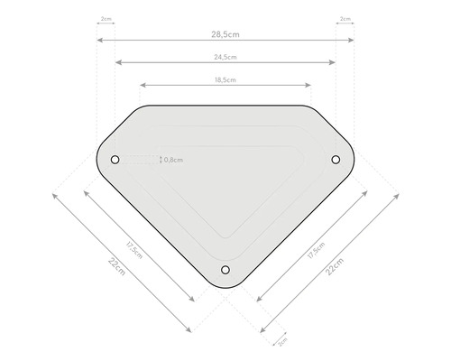 Maße einer Platte mit drei Löchern und abgerundeten Ecken