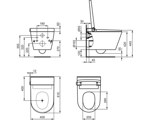 Technische Zeichnung eines Wand-WCs mit Maßangaben in Millimetern für Breite, Tiefe und Höhe.