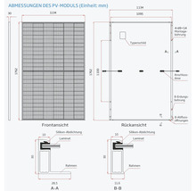 Abmessungen eines Solarmoduls mit Front- und Rückansicht, Details zu Montagelöchern, Anschlussdose und Rahmen