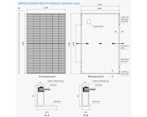 Abmessungen eines Solarmoduls mit Front- und Rückansicht, Details zu Montagelöchern, Anschlussdose und Rahmen