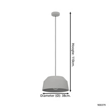 Pendelleuchte mit einem Durchmesser von 38 cm und einer Höhe von 110 cm.