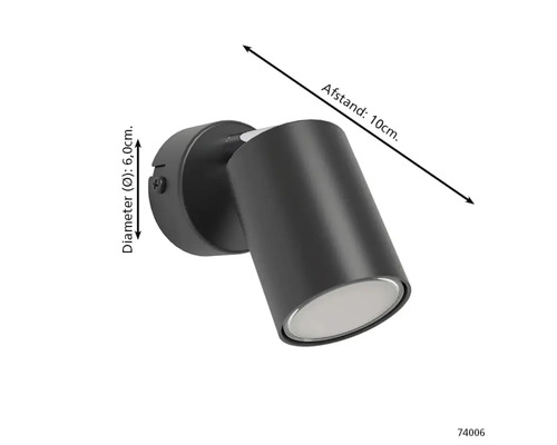 Schwarze Wandleuchte mit den Maßen 6,0 cm Durchmesser und 10 cm Abstand.