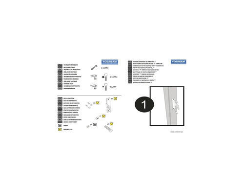 Montageanleitung für Polbram Steel Group T-Verbinder mit Werkzeugliste, Komponentenübersicht und Darstellung des ersten Montageschritts.