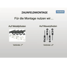 Zaunfeldmontage auf Metallpfosten mit Verbinder T und auf Mauerpfosten mit Verbinder O inklusive Befestigungsmaterial. Polbram Steel Group Logo.