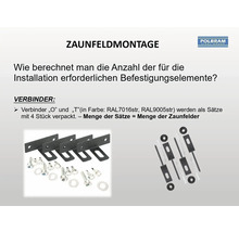Informationsgrafik zur Montage von Zaunfeldern mit Befestigungsmaterial wie Verbindern, Schrauben und Dübeln sowie dem Polbram Steel Group Logo.