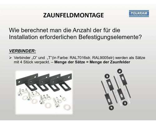 Informationsgrafik zur Montage von Zaunfeldern mit Befestigungsmaterial wie Verbindern, Schrauben und Dübeln sowie dem Polbram Steel Group Logo.