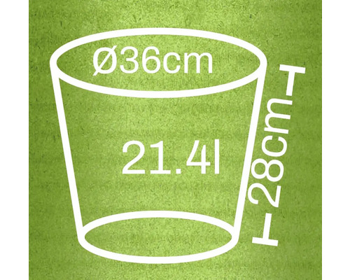 Diagramm eines Pflanzgefäßes mit den Maßen Durchmesser 36 Zentimeter, Höhe 28 Zentimeter und 21,4 Liter Volumen