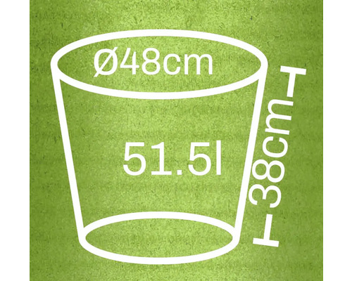 Abbildung eines Pflanzgefäßes mit den Maßen Durchmesser 48 cm, Höhe 38 cm und einem Volumen von 51,5 Litern