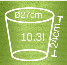 Illustration eines Pflanzgefäßes mit den Maßen 27 cm Durchmesser, 24 cm Höhe und 10,31 Liter Volumen