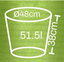Diagramm eines Pflanzgefäßes mit den Maßen Durchmesser 48 Zentimeter, Höhe 38 Zentimeter und Volumen 51,5 Liter