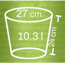 Skizze eines Pflanzgefäßes mit den Maßen 27 Zentimeter, 24 Zentimeter und einem Volumen von 10,31 Litern