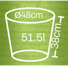 Schema eines Pflanzkübels mit den Maßen 48 Zentimeter Durchmesser, 38 Zentimeter Höhe und 51,5 Liter Volumen