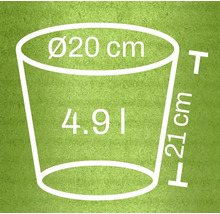 Abbildung der Abmessungen eines Pflanzgefäßes: Durchmesser oben 20 Zentimeter, Höhe 21 Zentimeter, Volumen 4,9 Liter