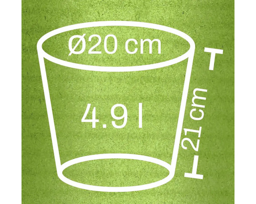 Abbildung der Abmessungen eines Pflanzgefäßes: Durchmesser oben 20 Zentimeter, Höhe 21 Zentimeter, Volumen 4,9 Liter
