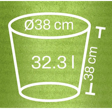 Skizze eines Pflanzgefäßes mit den Maßen 38 Zentimeter Durchmesser, 38 Zentimeter Höhe und 32,31 Liter Volumen
