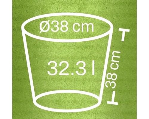 Skizze eines Pflanzgefäßes mit den Maßen 38 Zentimeter Durchmesser, 38 Zentimeter Höhe und 32,31 Liter Volumen
