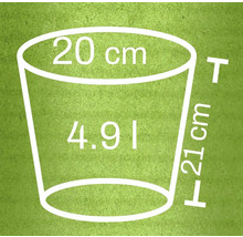 Abbildung eines Pflanzgefäßes mit den Maßen 20 cm Durchmesser, 21 cm Höhe und 4,9 Liter Volumen