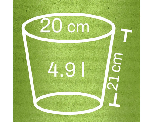 Abbildung eines Pflanzgefäßes mit den Maßen 20 cm Durchmesser, 21 cm Höhe und 4,9 Liter Volumen
