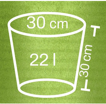 Abmessungsskizze eines 22 Liter Eimers mit einem Durchmesser von 30 Zentimetern und einer Höhe von 30 Zentimetern