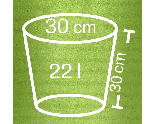 Abmessungsskizze eines 22 Liter Eimers mit einem Durchmesser von 30 Zentimetern und einer Höhe von 30 Zentimetern
