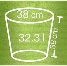 Abmessungen eines Pflanzgefäßes: 38 Zentimeter Durchmesser, 32,31 Liter Volumen, 38 Zentimeter Höhe