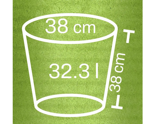 Abmessungen eines Pflanzgefäßes: 38 Zentimeter Durchmesser, 32,31 Liter Volumen, 38 Zentimeter Höhe